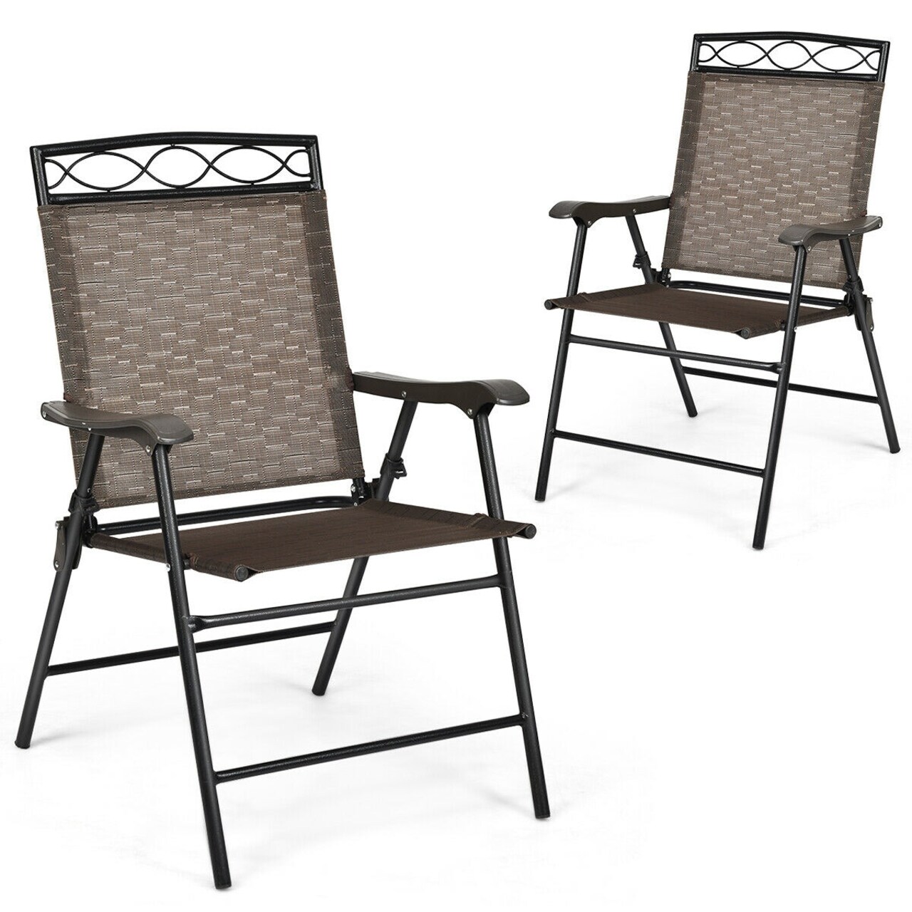 Set of 2 Folding Patio Chairs with Sling and Armrest Outdoor Dining